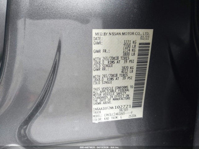Продажа на аукционе авто 2022 Nissan Titan Sv 4x2, vin: 1N6AA1EF2NN102721, номер лота: 44879825