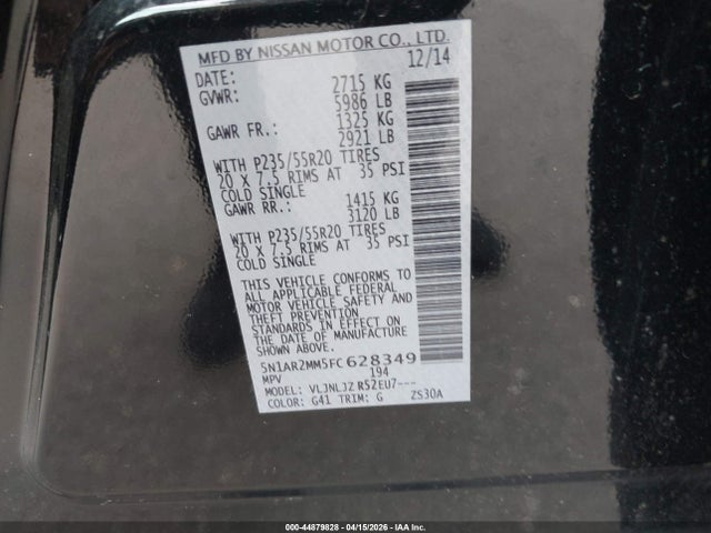 Nissan Pathfinder Platinum 2015 5N1AR2MM5FC628349 Image 9