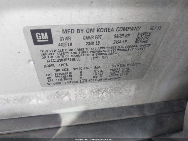44879831 :رقم المزاد ، KL4CJGSB3DB119733 vin ، 2013 Buick Encore Leather مزاد بيع