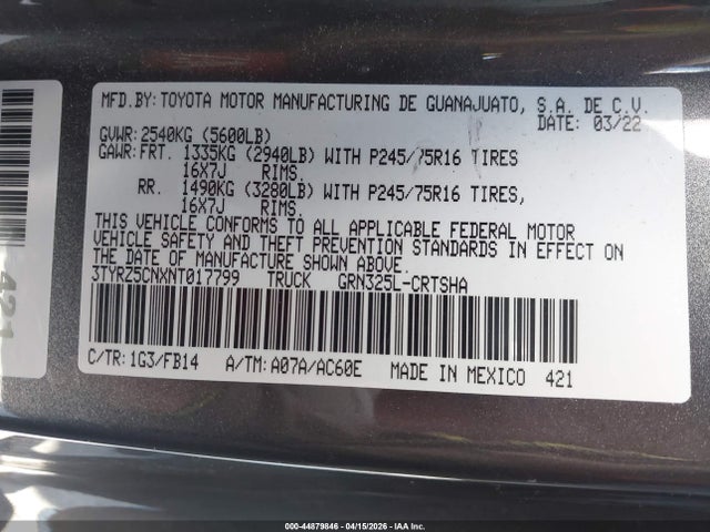3TYRZ5CNXNT017799 Toyota Tacoma Sr V6