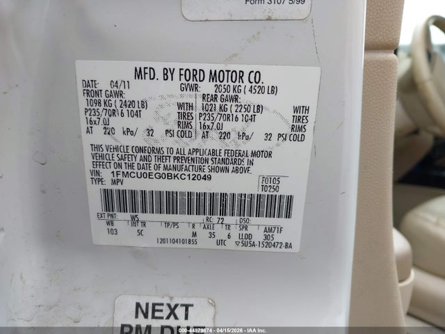 Продаж на аукціоні авто 2011 Ford Escape Limited, vin: 1FMCU0EG0BKC12049, номер лоту: 44879874