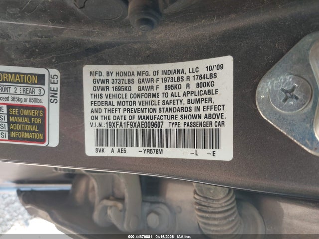 44879881 :رقم المزاد ، 19XFA1F9XAE009607 vin ، 2010 Honda Civic Ex-l مزاد بيع