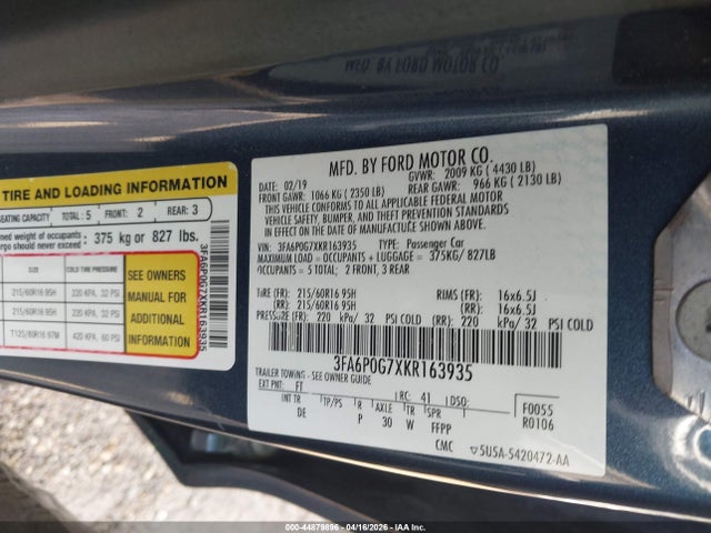 Продажа на аукционе авто 2019 Ford Fusion S, vin: 3FA6P0G7XKR163935, номер лота: 44879896