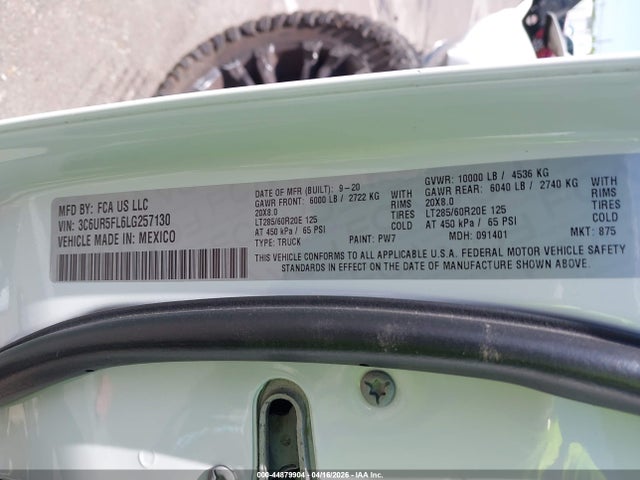 Aukcja sprzedaży 2020 Ram 2500 Laramie  4x4 6'4 Box, vin: 3C6UR5FL6LG257130, numer aukcji: 44879904