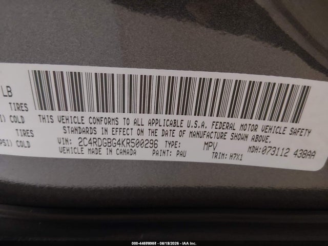 Продажа на аукционе авто 2019 Dodge Grand Caravan Se, vin: 2C4RDGBG4KR500296, номер лота: 44879907