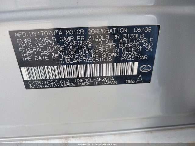 Продажа на аукционе авто 2008 Lexus Ls 460, vin: JTHBL46F785081546, номер лота: 44879912