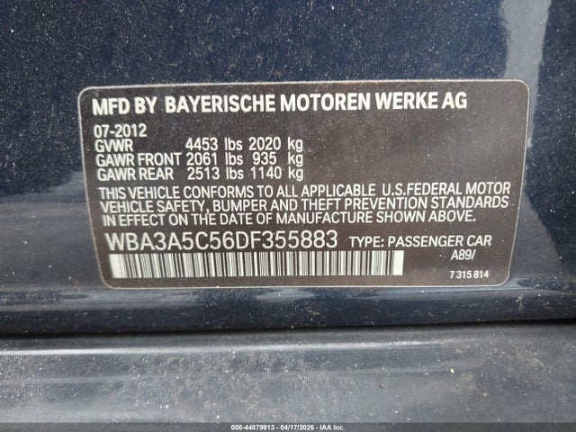 44879913 :رقم المزاد ، WBA3A5C56DF355883 vin ، 2013 Bmw 328i مزاد بيع