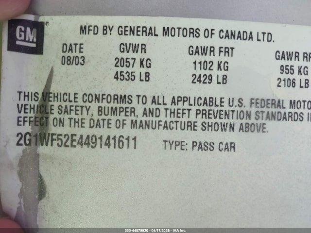 44879920 :رقم المزاد ، 2G1WF52E449141611 vin ، 2004 Chevrolet Impala مزاد بيع