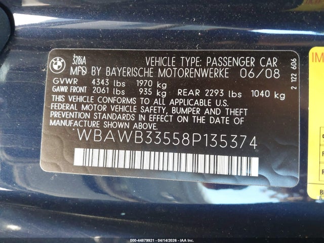 Продажа на аукционе авто 2008 Bmw 328i, vin: WBAWB33558P135374, номер лота: 44879921