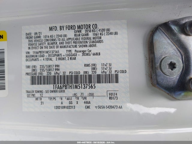 Продаж на аукціоні авто 2021 Ford Mustang Ecoboost Fastback, vin: 1FA6P8TH1M5137565, номер лоту: 44879935