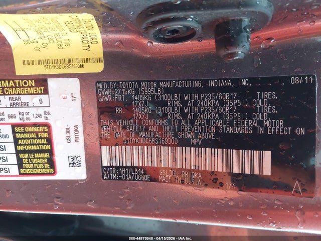 2011 Toyota Sienna Xle V6 მანქანა იყიდება აუქციონზე, vin: 5TDYK3DC6BS169300, აუქციონის ნომერი: 44879940