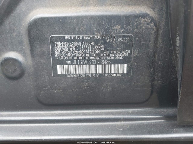 Aukcja sprzedaży 2012 Subaru Impreza 2.0i Premium, vin: JF1GPAC67CH238486, numer aukcji: 44879943