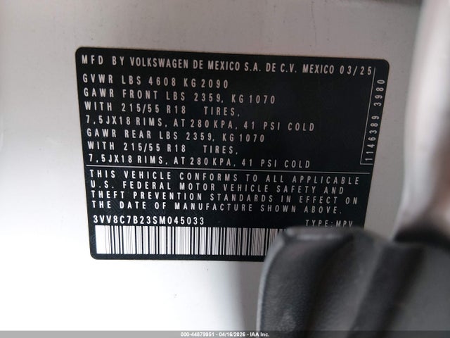 Продаж на аукціоні авто 2025 Volkswagen Taos 1.5t S, vin: 3VV8C7B23SM045033, номер лоту: 44879951