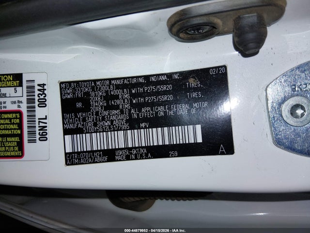 Продаж на аукціоні авто 2020 Toyota Sequoia Platinum, vin: 5TDDY5G12LS177995, номер лоту: 44879952