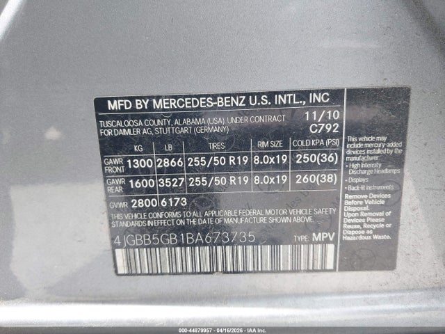 Aukcja sprzedaży 2011 Mercedes-benz Ml 350, vin: 4JGBB5GB1BA673735, numer aukcji: 44879957