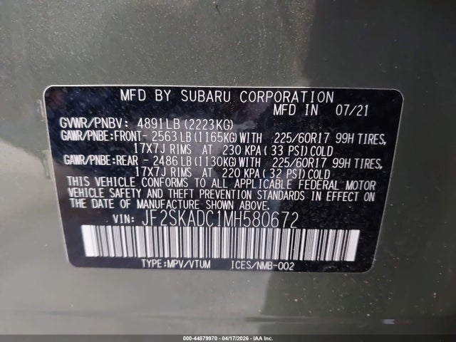 Продажа на аукционе авто 2021 Subaru Forester, vin: JF2SKADC1MH580672, номер лота: 44879970