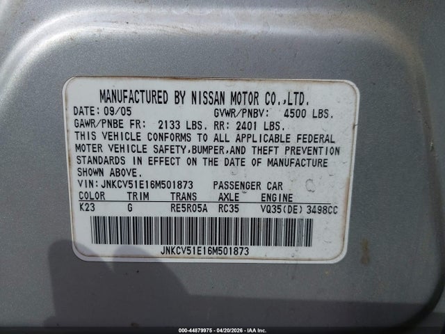 2006 Infiniti G35 მანქანა იყიდება აუქციონზე, vin: JNKCV51E16M501873, აუქციონის ნომერი: 44879975
