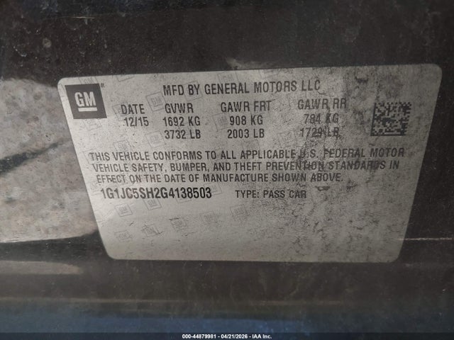 Продажа на аукционе авто 2016 Chevrolet Sonic Lt Auto, vin: 1G1JC5SH2G4138503, номер лота: 44879981