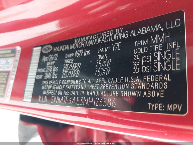 5NMJF3AE3NH123586 Hyundai TUCSON SEL