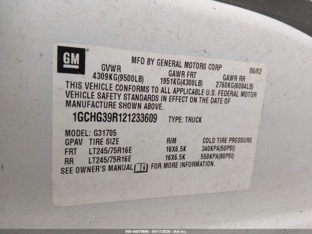 2002 Chevrolet Express Cargo Van მანქანა იყიდება აუქციონზე, vin: 1GCHG39R121233609, აუქციონის ნომერი: 44879986