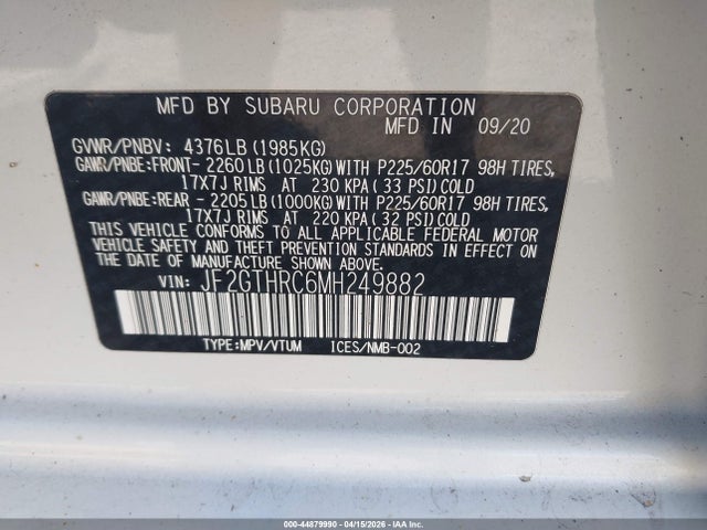 Aukcja sprzedaży 2021 Subaru Crosstrek Sport, vin: JF2GTHRC6MH249882, numer aukcji: 44879990