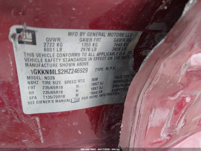 Aukcja sprzedaży 2017 Gmc Acadia Slt-1, vin: 1GKKNMLS2HZ246929, numer aukcji: 44879992