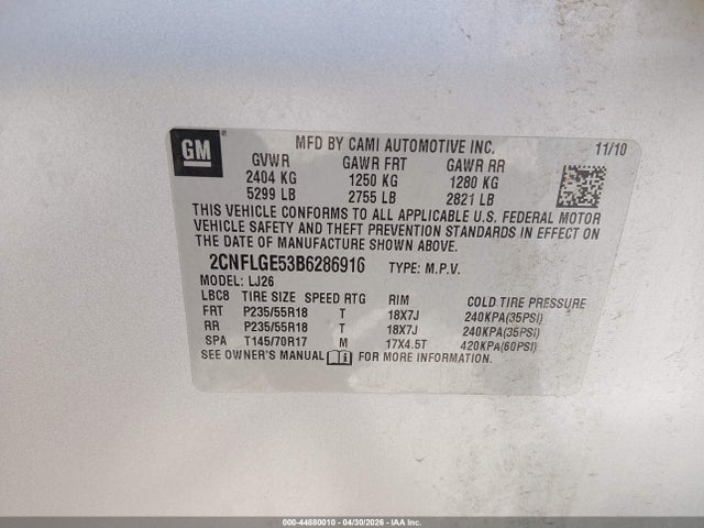 Продаж на аукціоні авто 2011 Chevrolet Equinox Ltz, vin: 2CNFLGE53B6286916, номер лоту: 44880010