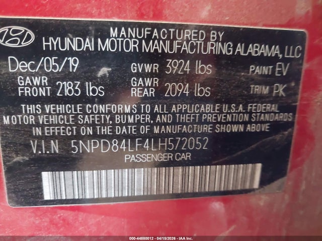 Aukcja sprzedaży 2020 Hyundai Elantra Sel, vin: 5NPD84LF4LH572052, numer aukcji: 44880012