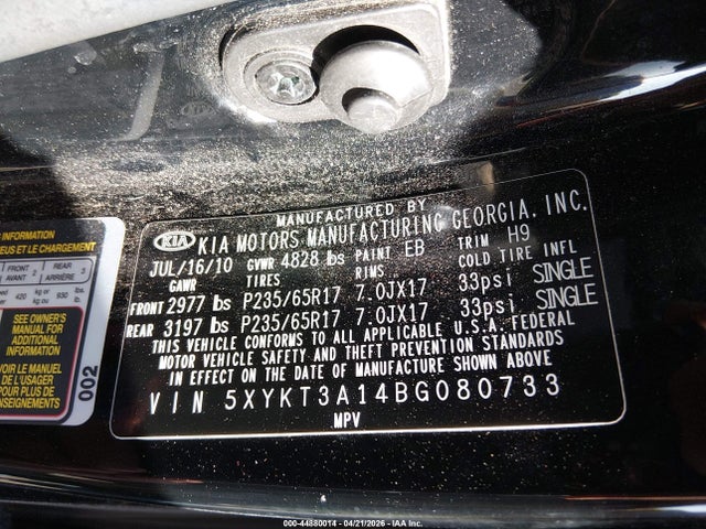 Продажа на аукционе авто 2011 Kia Sorento Lx, vin: 5XYKT3A14BG080733, номер лота: 44880014