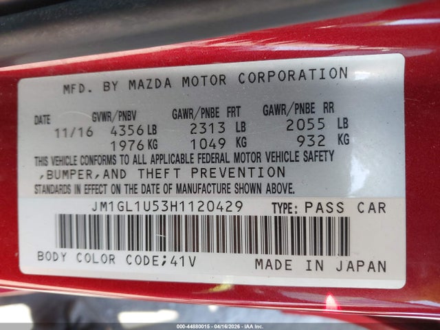 44880015 :رقم المزاد ، JM1GL1U53H1120429 vin ، 2017 Mazda Mazda6 Sport مزاد بيع