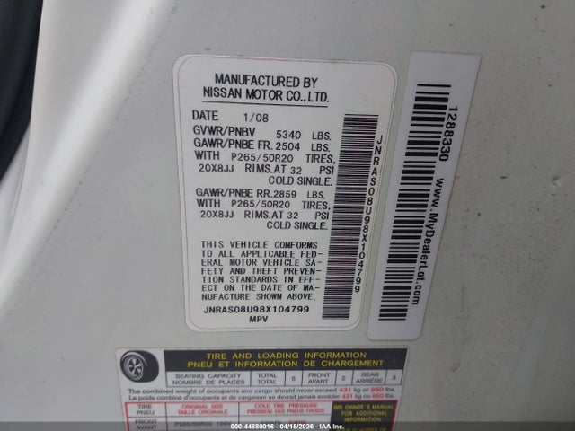 Aukcja sprzedaży 2008 Infiniti Fx35, vin: JNRAS08U98X104799, numer aukcji: 44880016