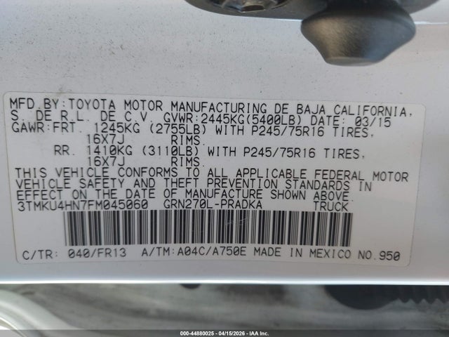 2015 Toyota Tacoma Prerunner V6 მანქანა იყიდება აუქციონზე, vin: 3TMKU4HN7FM045060, აუქციონის ნომერი: 44880025