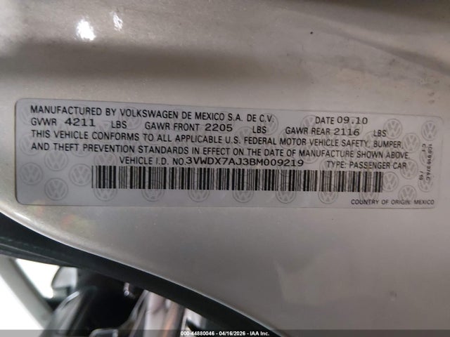 2011 Volkswagen Jetta 2.5l Se მანქანა იყიდება აუქციონზე, vin: 3VWDX7AJ3BM009219, აუქციონის ნომერი: 44880046
