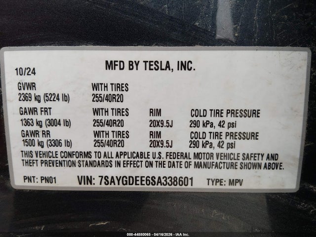 Продажа на аукционе авто 2025 Tesla Model Y Long Range Dual Motor All-wheel Drive, vin: 7SAYGDEE6SA338601, номер лота: 44880065