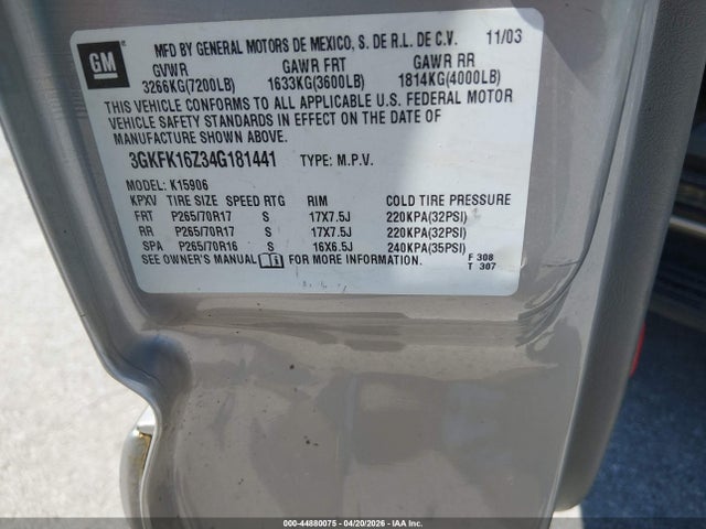 Aukcja sprzedaży 2004 Gmc Yukon Xl 1500 Slt, vin: 3GKFK16Z34G181441, numer aukcji: 44880075