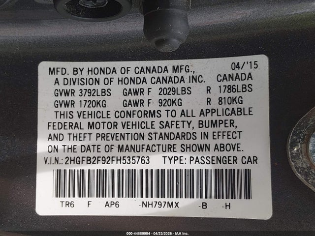 2015 Honda Civic Ex-l მანქანა იყიდება აუქციონზე, vin: 2HGFB2F92FH535763, აუქციონის ნომერი: 44880084