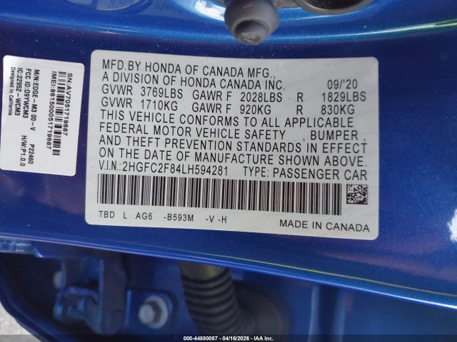 Продажа на аукционе авто 2020 Honda Civic Sport, vin: 2HGFC2F84LH594281, номер лота: 44880087