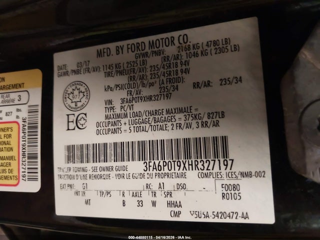 Продаж на аукціоні авто 2017 Ford Fusion Se, vin: 3FA6P0T9XHR327197, номер лоту: 44880115
