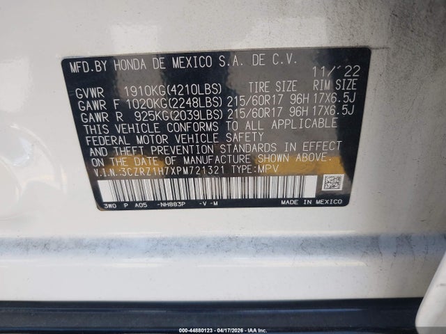 2023 Honda Hr-v 2wd Ex-l მანქანა იყიდება აუქციონზე, vin: 3CZRZ1H7XPM721321, აუქციონის ნომერი: 44880123