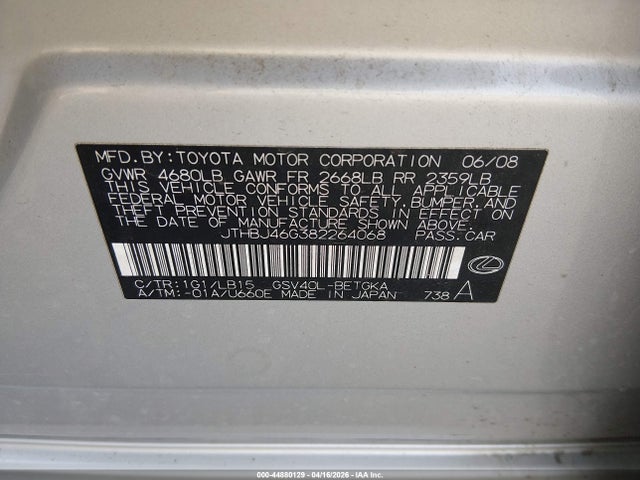 44880129 :رقم المزاد ، JTHBJ46G382264068 vin ، 2008 Lexus Es 350 مزاد بيع