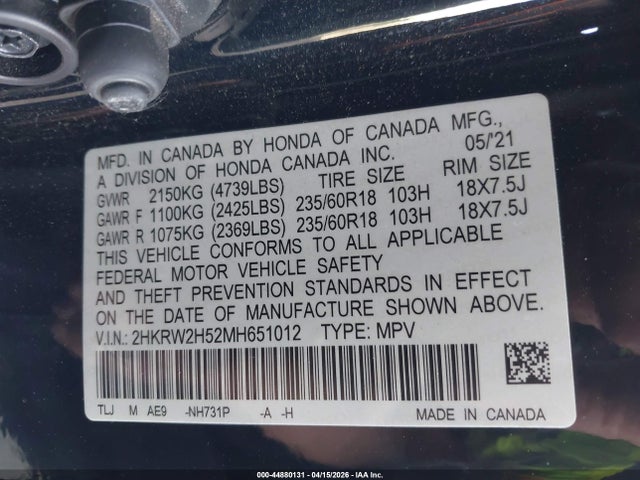 2HKRW2H52MH651012 Honda Cr-v Awd Ex