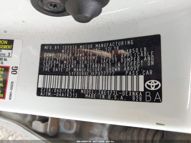 5YFBURHE3KP927777 Toyota COROLLA LE