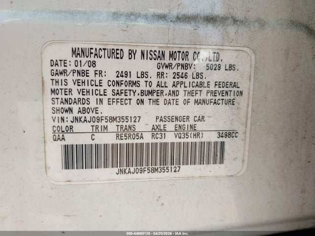Aukcja sprzedaży 2008 Infiniti Ex35 Journey, vin: JNKAJ09F58M355127, numer aukcji: 44880138