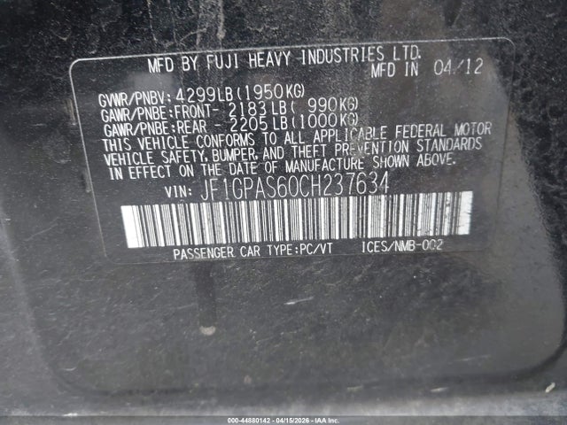 Продаж на аукціоні авто 2012 Subaru Impreza 2.0i Sport Limited, vin: JF1GPAS60CH237634, номер лоту: 44880142
