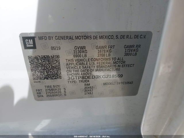 Aukcja sprzedaży 2019 Gmc Sierra 1500 Slt, vin: 3GTP8DED3KG218569, numer aukcji: 44880147
