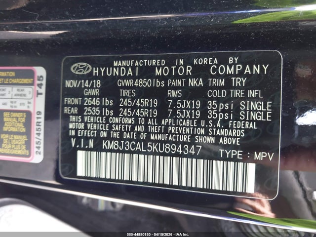 Aukcja sprzedaży 2019 Hyundai Tucson Sport, vin: KM8J3CAL5KU894347, numer aukcji: 44880150