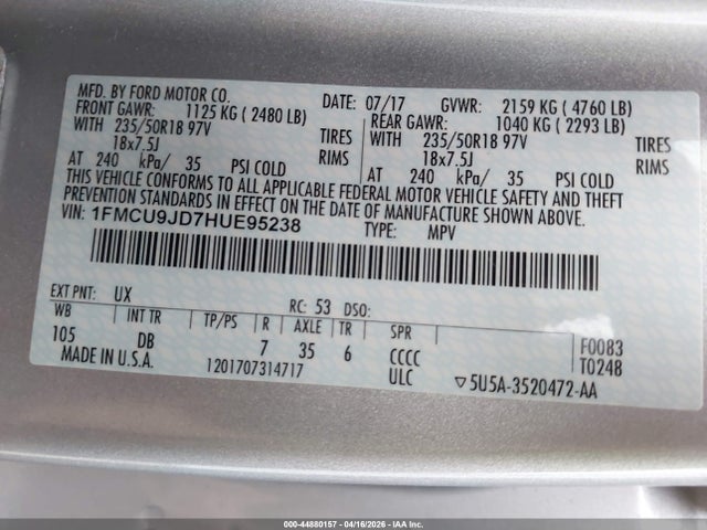 2017 Ford Escape Titanium მანქანა იყიდება აუქციონზე, vin: 1FMCU9JD7HUE95238, აუქციონის ნომერი: 44880157