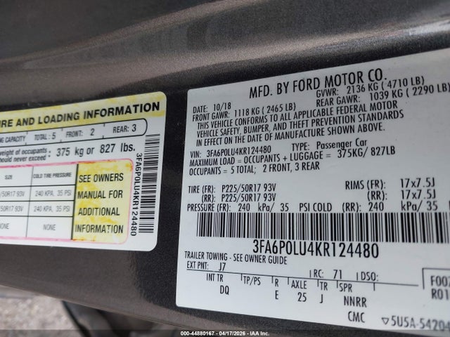 Aukcja sprzedaży 2019 Ford Fusion Hybrid Se, vin: 3FA6P0LU4KR124480, numer aukcji: 44880167