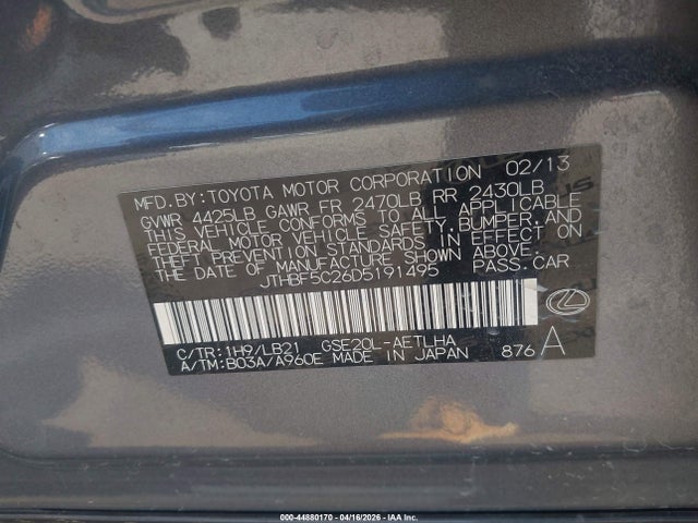 Aukcja sprzedaży 2013 Lexus Is 250, vin: JTHBF5C26D5191495, numer aukcji: 44880170