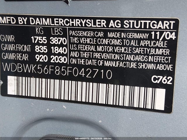 44880173 :رقم المزاد ، WDBWK56F85F042710 vin ، 2005 Mercedes-benz Slk 350 مزاد بيع